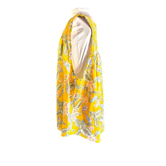 Yellow Floral Sleeveless Top With Smocked Shoulders & V-Neckline Womens L - Picture 7 of 9